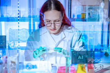 AI-driven holographic interface and digital data visualization. Young female laboratory technician examining a petri dish in a modern biology laboratory, surrounded.