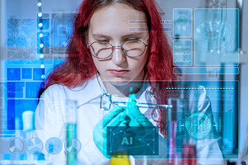 AI, artificial intelligence. Young lab assistant working in modern chemical laboratory with chemical glassware, virtual scientific HUD interface. Data visualization and future laboratory technologies.