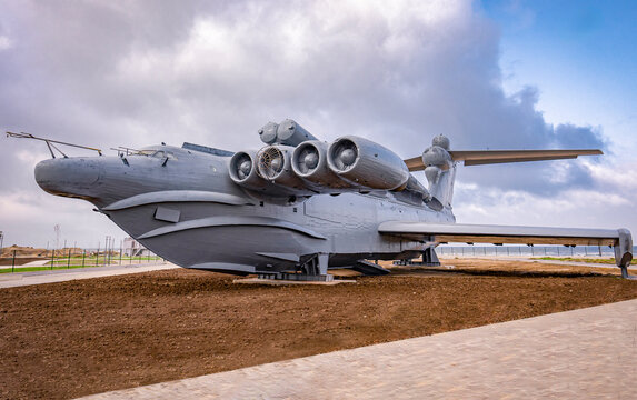Soviet-era "Lun" ekranoplane on the coast of the Caspian Sea. Dagestan. Russia