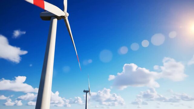 Wind turbines stand tall against a blue sky dotted with white clouds and bright sunlight creating a renewable energy landscape.