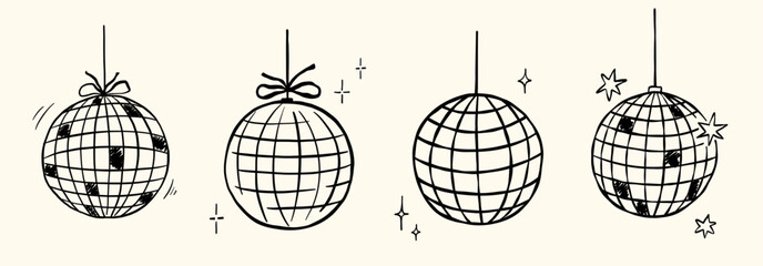 Disco balls doodle illustrations set. Whimsical outline sketch with whimsical stars © Elena