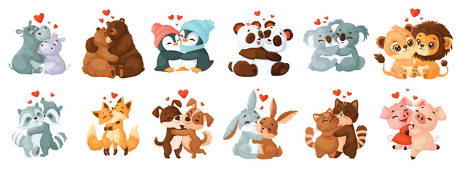 Set of cute loving hugging animals lions hares pandas © Wook