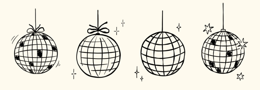 Disco balls doodle illustrations set. Whimsical outline sketch with whimsical stars