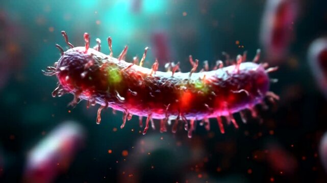 Microscopic view of a rod-shaped bacterium with flagella.
