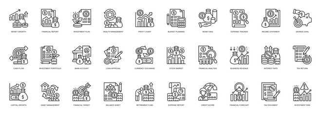 Financial Investment  icon collection line style. containing Money Growth, Financial Report, Investment Plan, Wealth Management, Income Statement, Budget Planning