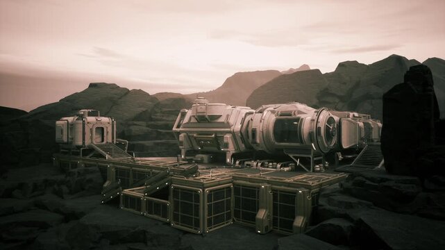 A colonist base sits on a rugged, alien planets surface, surrounded by dark rock formations. The structures glow softly against the twilight sky, suggesting an ongoing settlement effort.