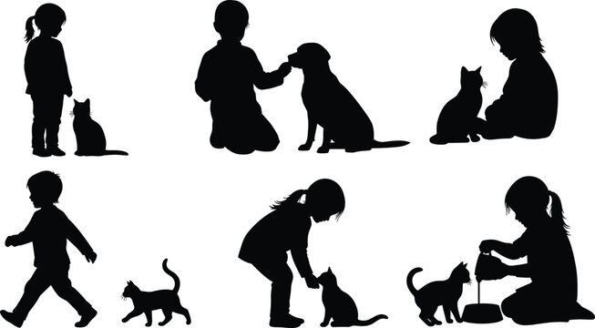 Children playing with pets silhouettes set, kids interaction with cats and dogs, childhood friendship, animal care, happy family lifestyle vector illustration