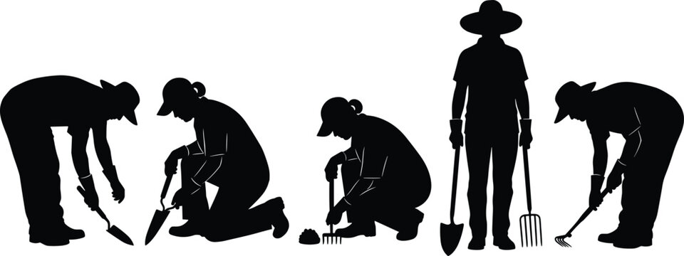 Gardeners working silhouettes set, planting and digging activities, agriculture and gardening concept, farmers tools, outdoor labor, nature care vector illustration