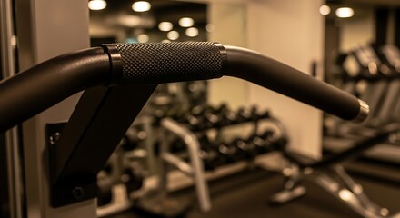 Gym equipment close up fitness center workout strength training exercise machine black metal bar handle focus