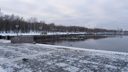 Pigeons walking along the snow-covered embankment of Lake Onega in Petrozavodsk, Russia