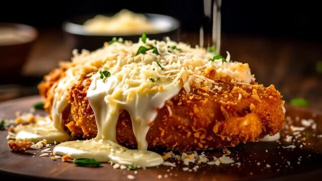 Golden breaded chicken cutlet generously topped with melted cheese and herbs.