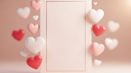 Soft pink and red floating hearts surround a vertical blank frame perfect for valentine day greeting card or romantic announcement copy space