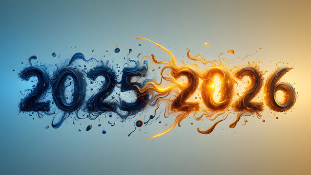 Vibrant 2025 and 2026 years in dynamic swirling liquid form - Powered by Adobe