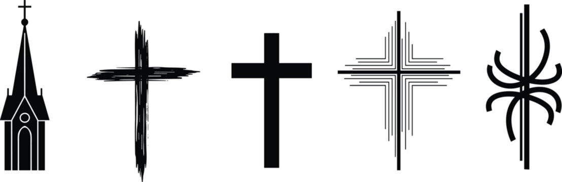 Christian church silhouette, religious cross icons, faith symbols, spiritual architecture, abstract crucifix design, vector illustration for religion, worship, and Christianity concepts