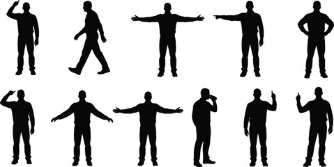 Man silhouette pose collection, male standing walking gestures, people body language actions, human character set isolated black vector illustration design artwork bundle © Masuduzzaman