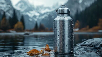 Stainless steel water bottle lakeside autumn scenery