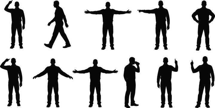 Man silhouette pose collection, male standing walking gestures, people body language actions, human character set isolated black vector illustration design artwork bundle