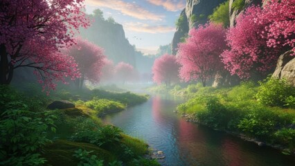 Serene river landscape with blooming pink trees and lush greenery