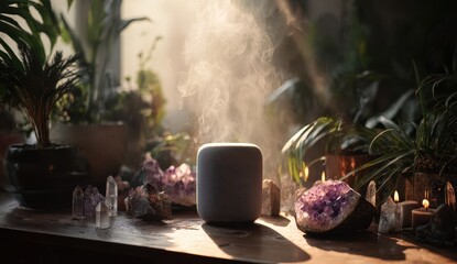 Serene Essential Oil Diffuser Emitting Hazy Mist Amidst Lush Plants and Healing Crystals.