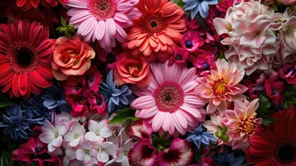 Floral background with beautiful chrysanthemums, roses, wildflowers. Wedding decoration, texture for the holiday.