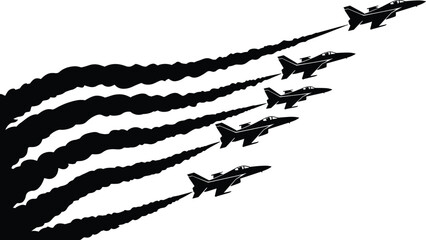 Fighter jets silhouette, aerial formation, smoke trails, military aviation, precision flying, air show display, diagonal ascent, vector illustration, synchronized flight, black aircraft © Masuduzzaman