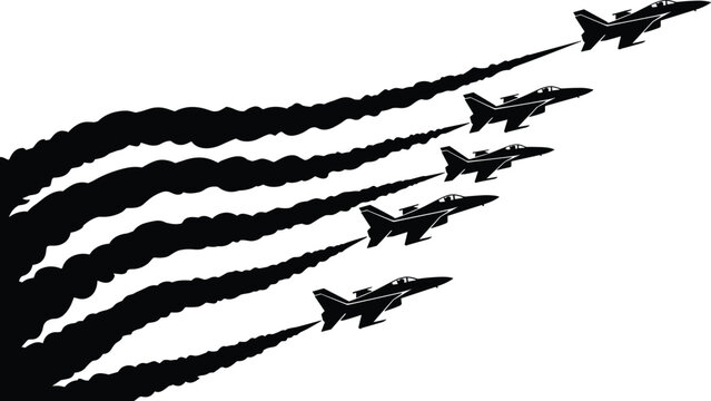 Fighter jets silhouette, aerial formation, smoke trails, military aviation, precision flying, air show display, diagonal ascent, vector illustration, synchronized flight, black aircraft