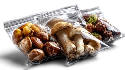 Fresh Mushrooms in Transparent Bags: A trio of transparent bags displays a vibrant assortment of fresh mushrooms, each showcasing unique shapes and textures, ready to elevate culinary creations. 