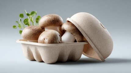 Culinary Delights: Mushrooms resting in a stylish sustainable container, beautifully presented, embodying freshness and the essence of wholesome food.