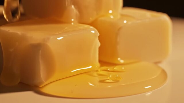 Extremely slow motion macro shot showing solid cubes of pure organic shea butter melting and softening under warm studio lighting raw material, liquid, softening