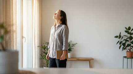 Inspired Woman, Planning a Fresh Start, Stands by a Bright Window, Embracing Future Opportunities