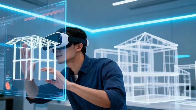 Creative professional adjusting virtual elements in a VR environment showcasing realtime edits to architectural frames with precision and ease.
