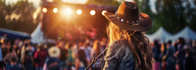 A Melodic Cowboy: Capturing a singer with a guitar, captivating the audience during a live music performance. The ambiance is enhanced by stage lights and crowd cheering with full of passion 