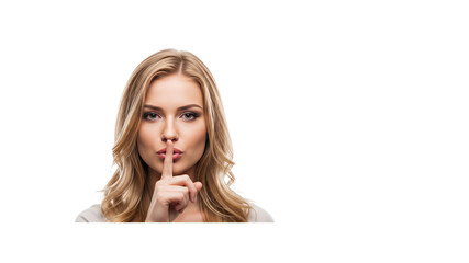 Woman with blonde hair gesturing silence