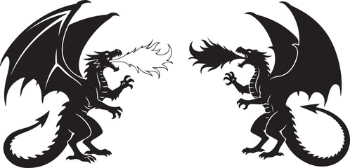 Fototapeta premium Pair of Roaring Dragon Silhouettes Spewing Fire Isolated on White Background.