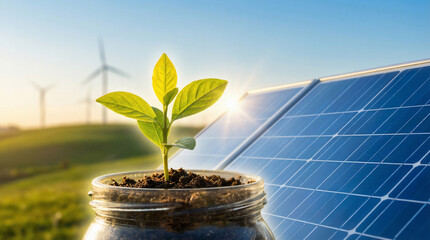 Inspiring Future of Green Energy, a Fresh Start for Sustainable Growth, Young Plant with Solar Panels and Wind Turbines