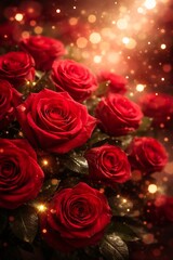Obraz premium Close up of vibrant red roses with sparkling lights and bokeh effect background