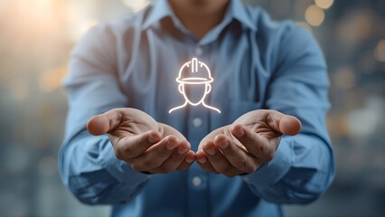 Hands Holding Glowing Worker Icon Showing Safety and Support Concept in Professional Environment