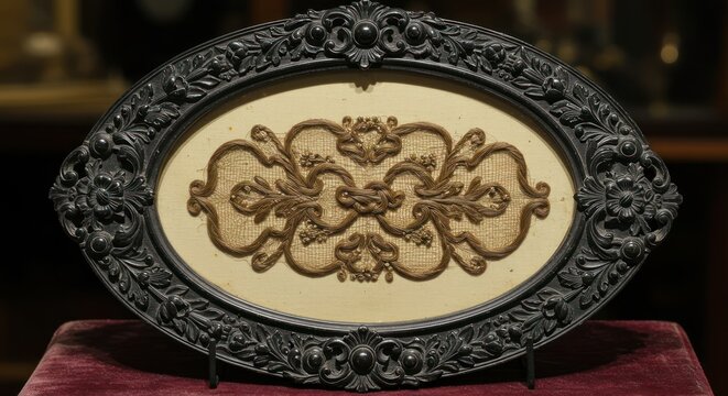 Antique Victorian Hair Art in an Ornate Oval Frame.