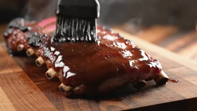 Close-up of a chef basting a rack of ribs with barbecue sauce on a wooden cutting board, preparing a delicious meal.