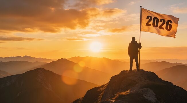 New Year 2026 success concept with a person standing on a mountain summit holding a 2026 flag at sunrise, symbolizing achievement, leadership, and reaching new goals.
