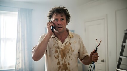 Man with dirty shirt on phone holding electrical wires near ladder talking