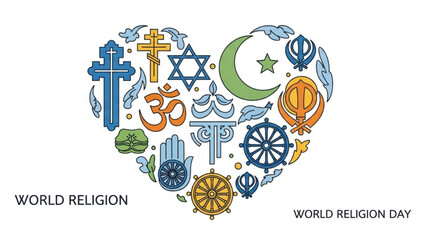 World religion day heart with symbols of different faiths and cultures, representing unity and diversity in a colorful illustration