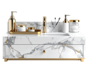  Elegant Marble Vanity Set with Gold Accents Transparent Background.