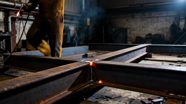 Experienced craftsman using stick welding producing powerful molten welds and thick smoke while fusing heavy steel beams in a rugged fabrication environment.