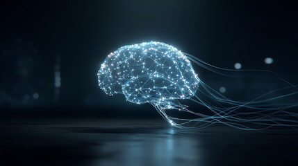 A glowing artificial intelligence brain formed from interconnected neon data nodes and flowing digital lines, floating in a dark futuristic environment, ultra-detailed