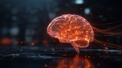 A glowing artificial intelligence brain formed from interconnected neon data nodes and flowing digital lines, floating in a dark futuristic environment, ultra-detailed