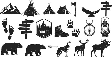 Fototapeta premium Outdoor wilderness camping forest expedition icons and symbols