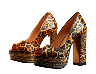 Fashion Animal Print Platform Heels Isolated Transparent Background.
