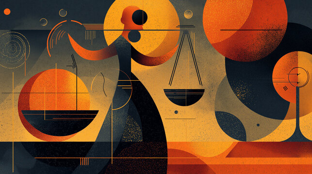 Abstract representation of artificial intelligence ethics with balanced scales, human and digital elements, symbolic futuristic composition