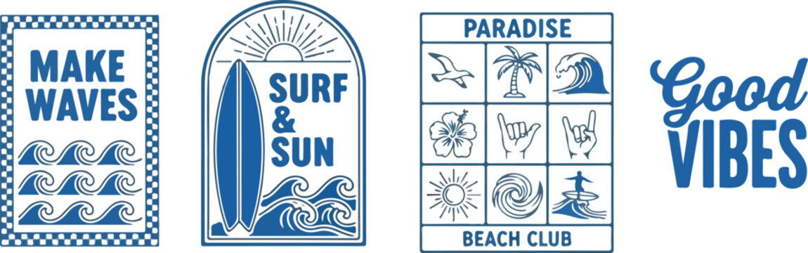 Surf and beach themed illustrations with inspirational quotes